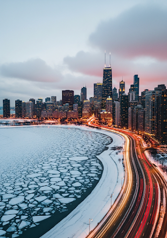 Chicago Winter Icy Lake Shore Sunset