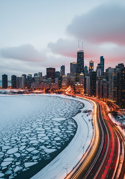Chicago Winter Icy Lake Shore Sunset