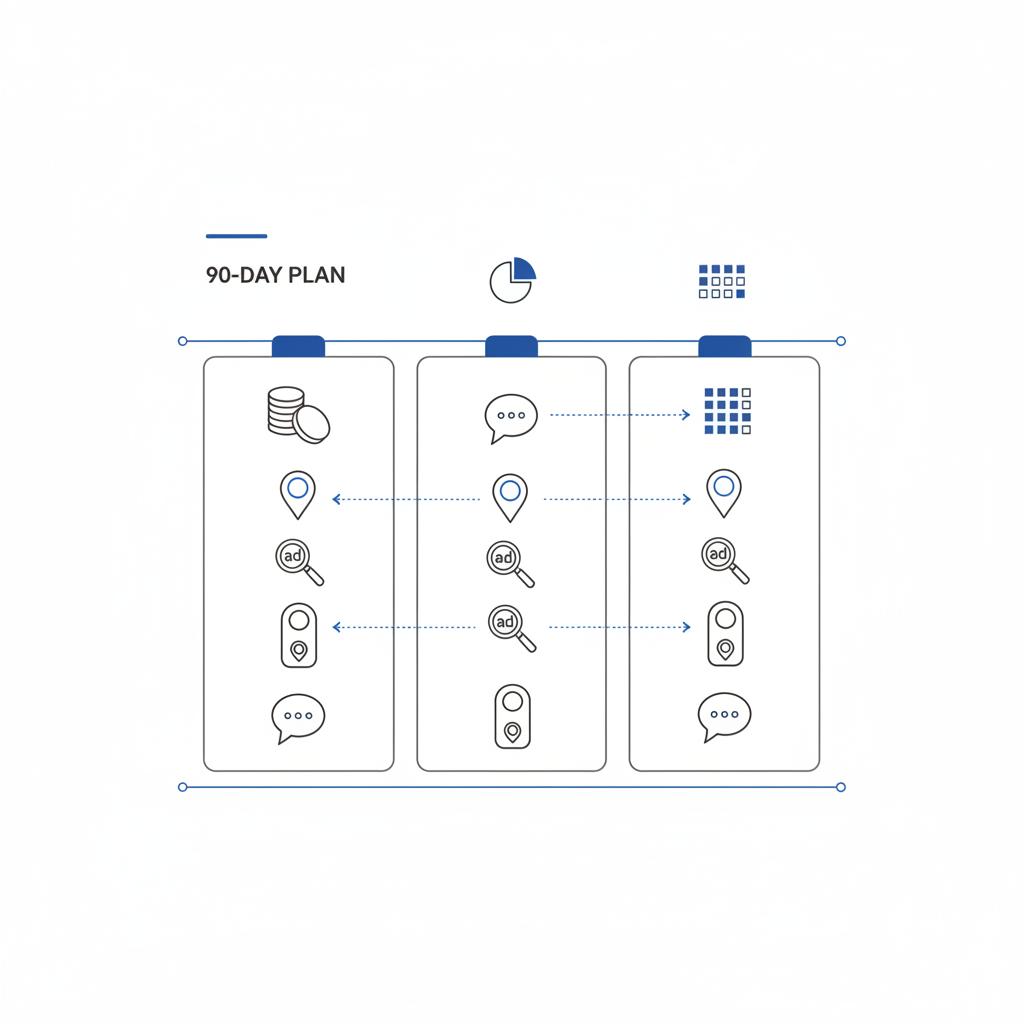Minimal 2D vector notebook-style 90-day plan with three visual columns and icons for GBP, location pages, paid search, door-hangers, and SMS &ndash; how to market a lawn care business
