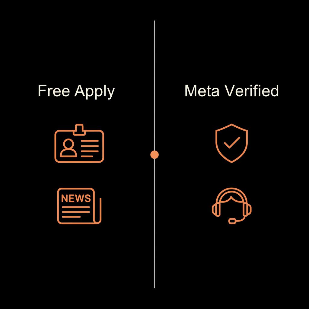 Minimal split-screen infographic comparing Free Apply (ID and article icons) vs Meta Verified (shield and headset) in brand palette, highlighting IG verification price