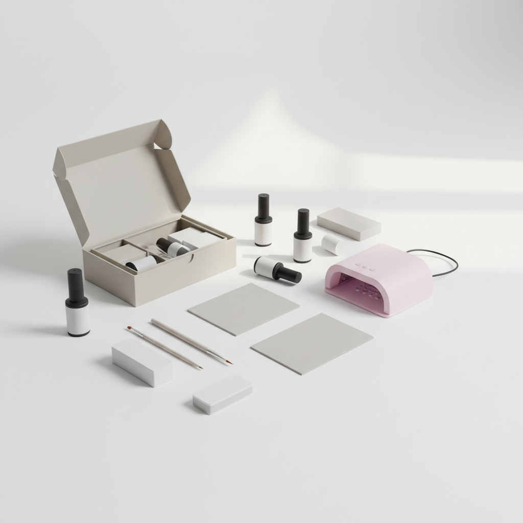 Aufgeräumter, minimalistischer DIY Gelnägel zuhause Arbeitsplatz mit weißer Oberfläche, pastellpinker LED‑Lampe, offenen Gel‑Fläschchen ohne Logos, Pinsel, Buffer und fusselfreiem Tuch.