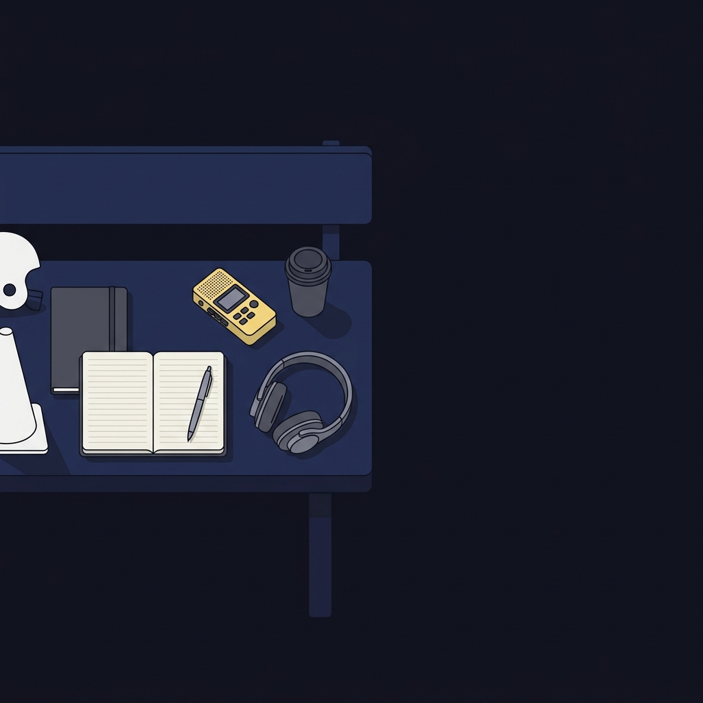 Minimal 2D vector scene of a sports beat reporter workspace with notebook pen audio recorder headphones and coffee cup on a sideline bench suggesting bulls prediction coverage