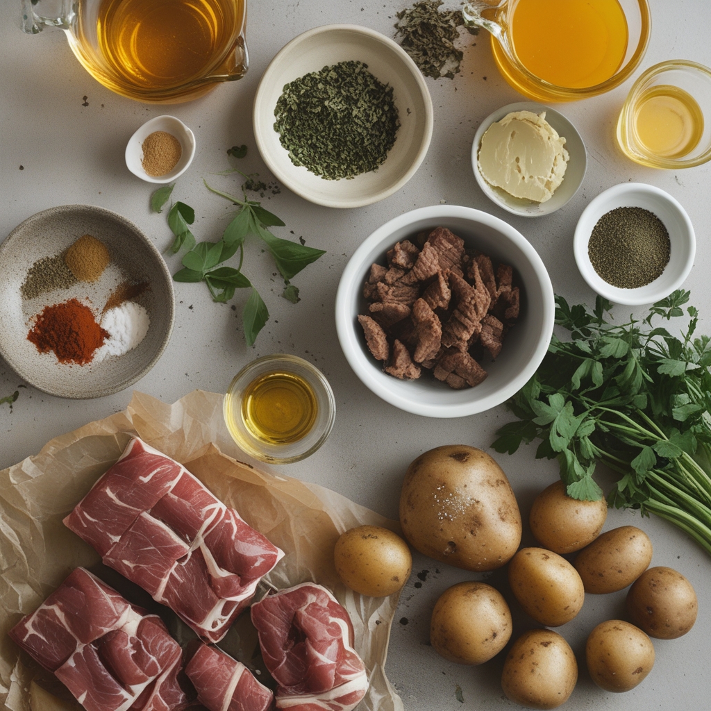 Ingredients for Slow Cooker Garlic Butter Beef Bites with Potatoes - Easy Comfort Food Recipe