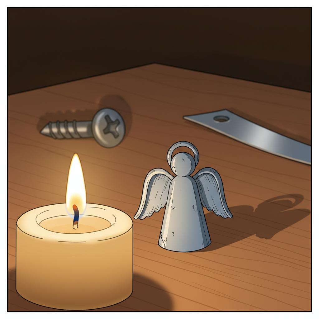 Nahaufnahme eines handgefertigten Metallanhängers neben brennender Kerze auf Holztisch, minimalistische 2D-Vektor-Illustration, schutzengel aktivieren