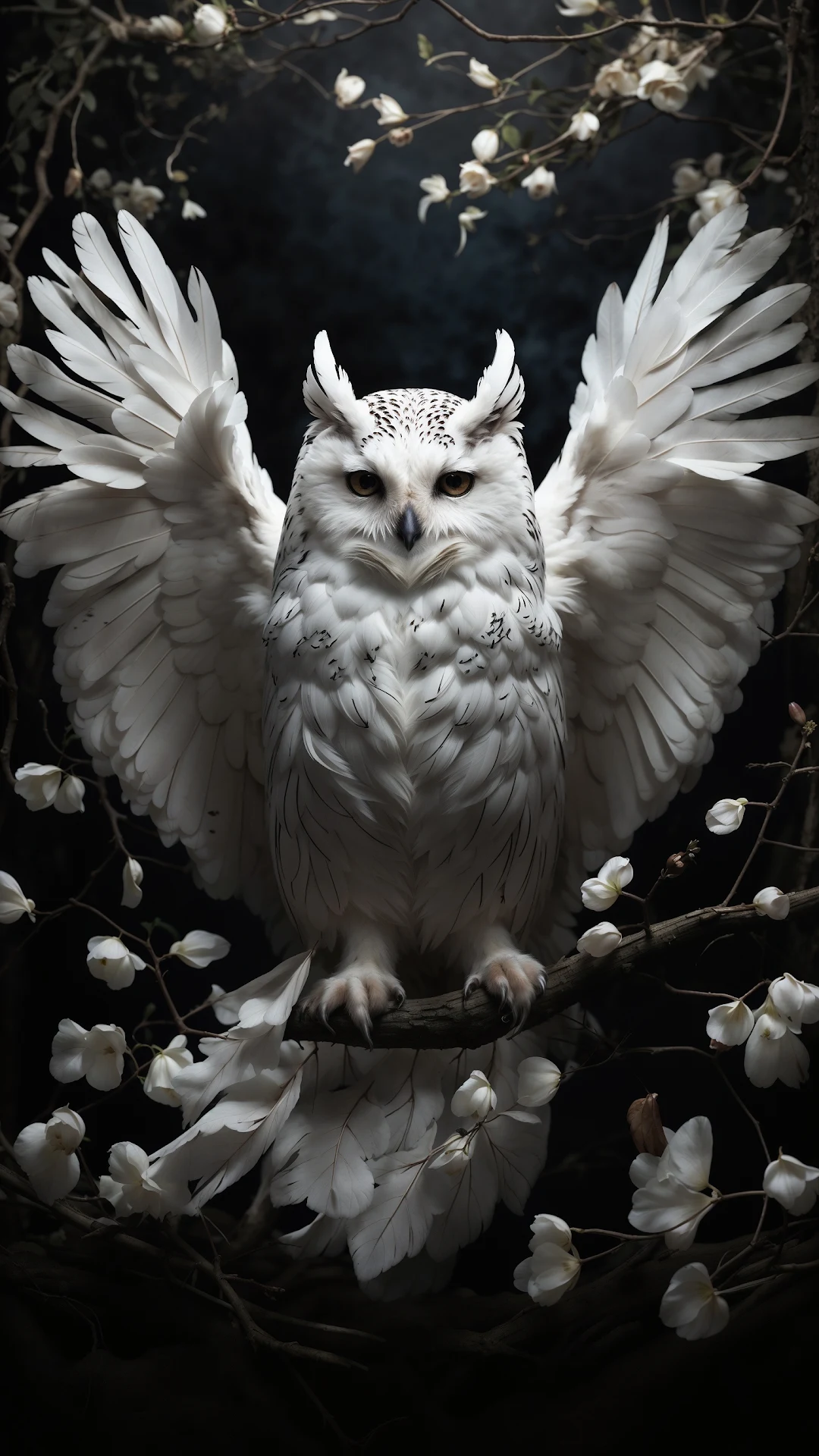 Majestic Snowy Owl with Wings Spread Amidst White Flowers - Free 4K mobile Wallpaper