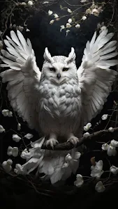 Majestic Snowy Owl with Wings Spread Amidst White Flowers