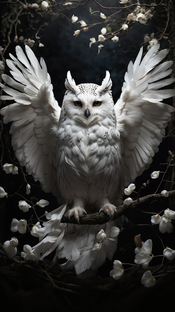 Majestic Snowy Owl with Wings Spread Amidst White Flowers - Free mobile Wallpaper