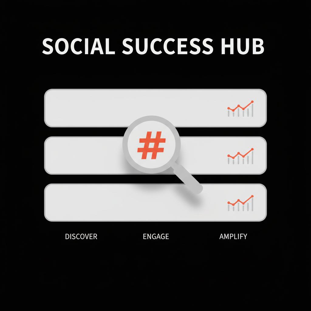 Minimal vector infographic of platform discovery panels with a magnifying glass over a hashtag and small volume charts on a black palette highlighting trending hashtags.