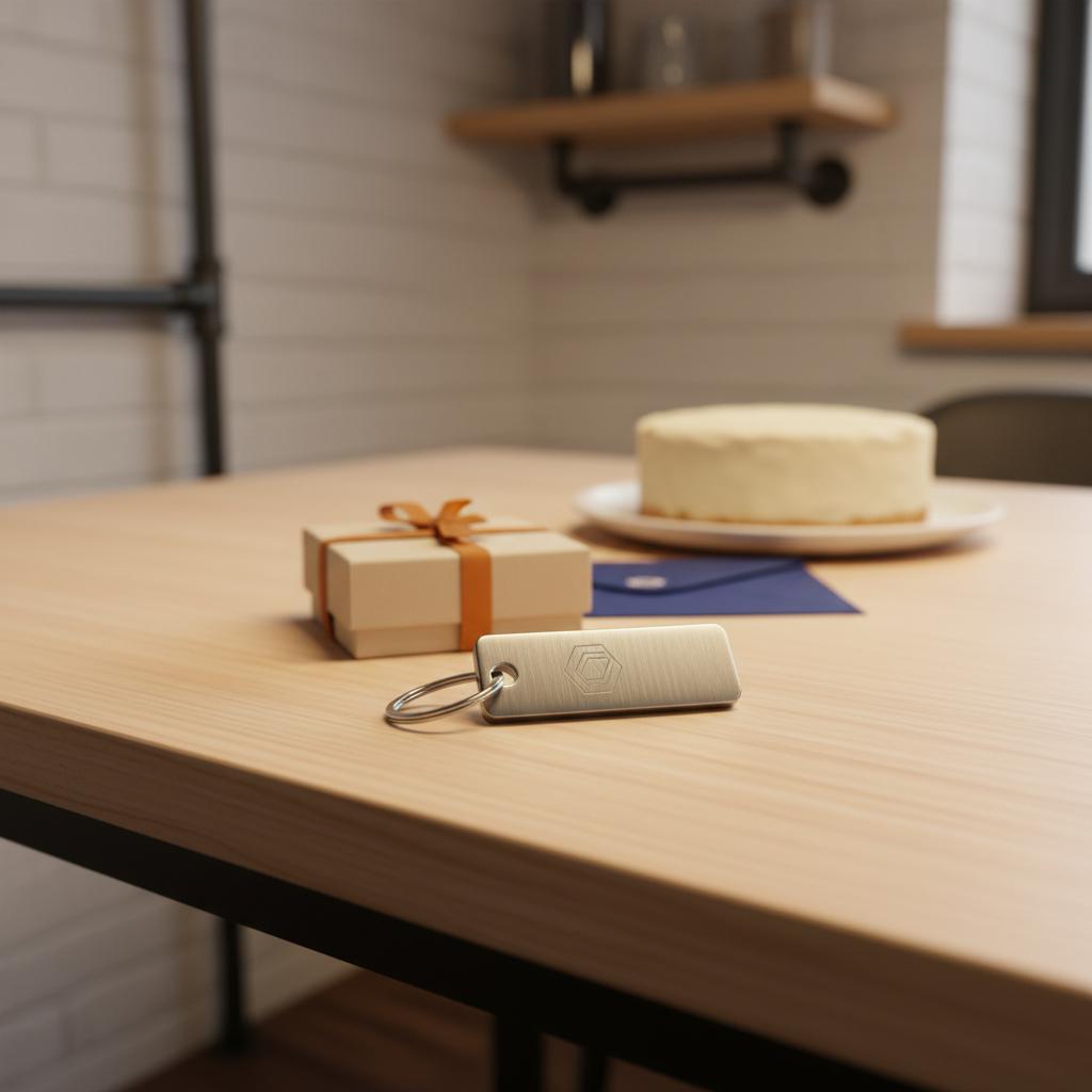 Intime Nahaufnahme von Geschenken auf Holztisch mit graviertem Schlüsselanhänger, kleiner Box und Vanillekuchen, industrielle Akzente – geschenkideen für männer die alles haben