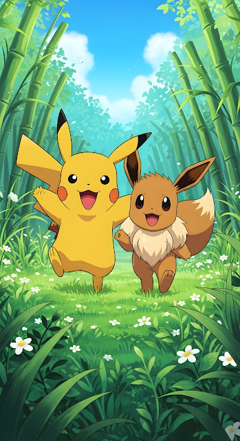 Pikachu and Eevee Running Joyfully in Bamboo Forest - Free mobile Wallpaper