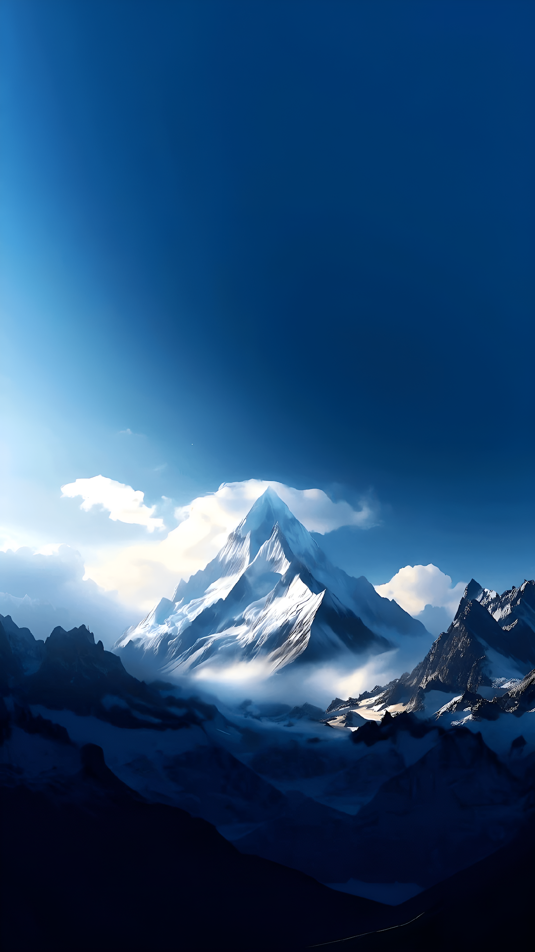 Epic Snowy Mountain Peak Digital Painting Under Deep Blue Sky - Free 4K mobile Wallpaper
