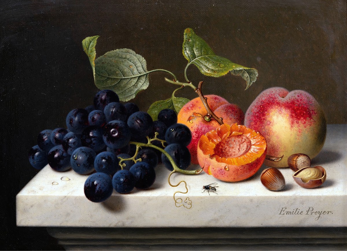Still Life of Fruits with Grapes Peaches and Nuts on a Marble Pedestal 1867