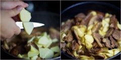 Táo gọt vỏ, bỏ lõi rồi cắt khúc. Sau đó, dùng dao cắt táo thành từng miếng mỏng cho vào chảo thịt vịt đang nấu.