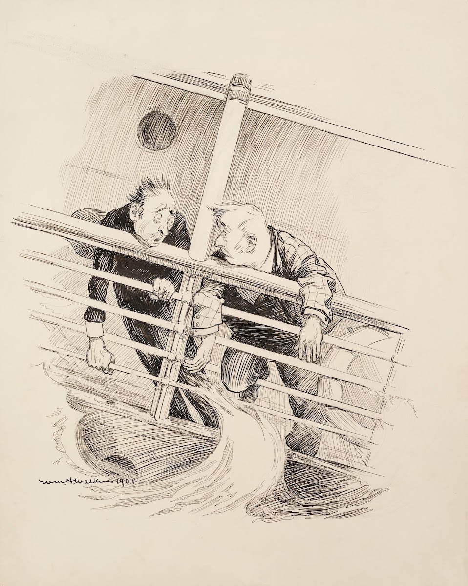 Two ill men lean on the railing of a ship 1901