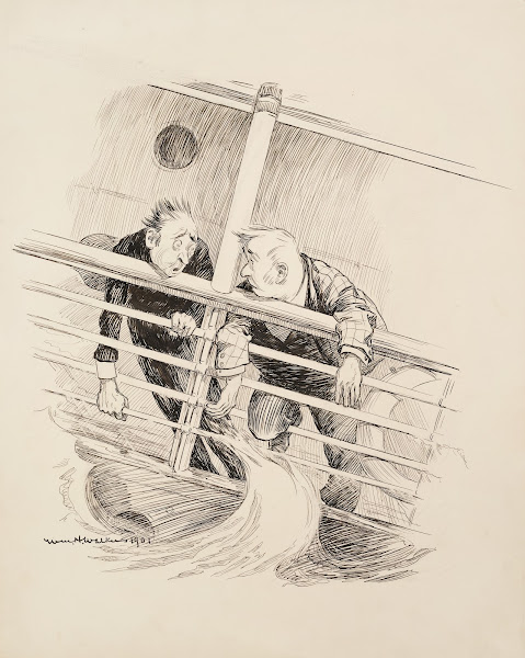 Two ill men lean on the railing of a ship 1901