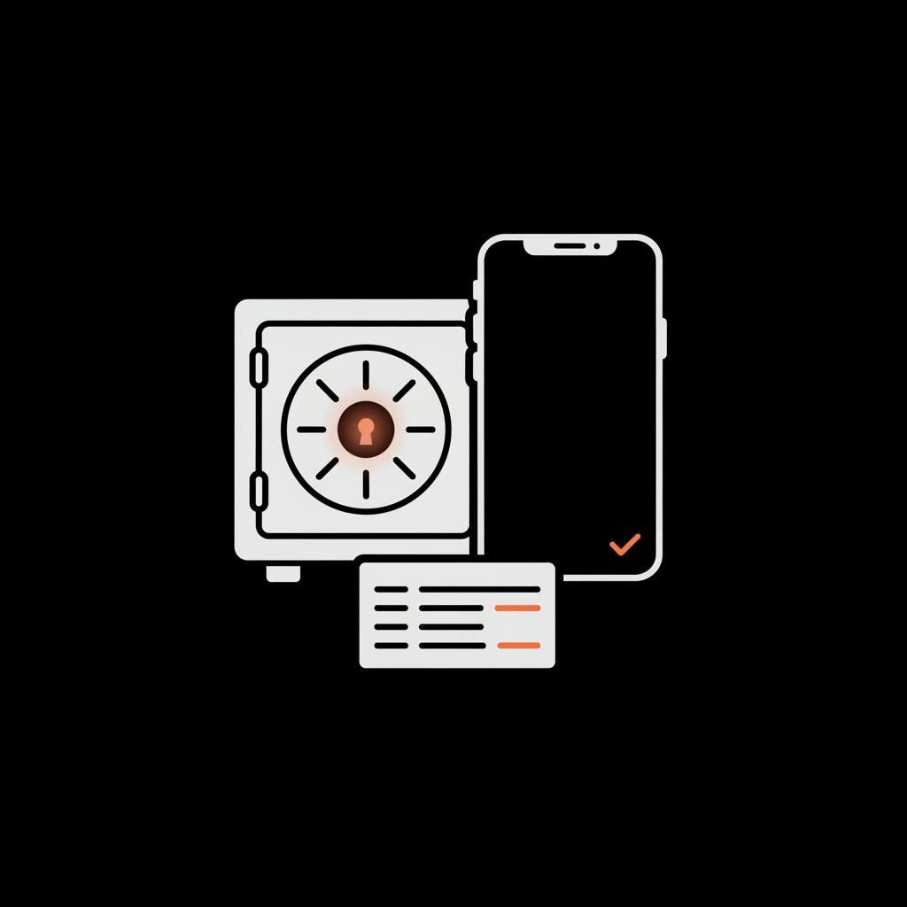 Minimal 2D vector infographic of a stylized safe, smartphone, and backup-code sheet on black background illustrating how to recover Google password