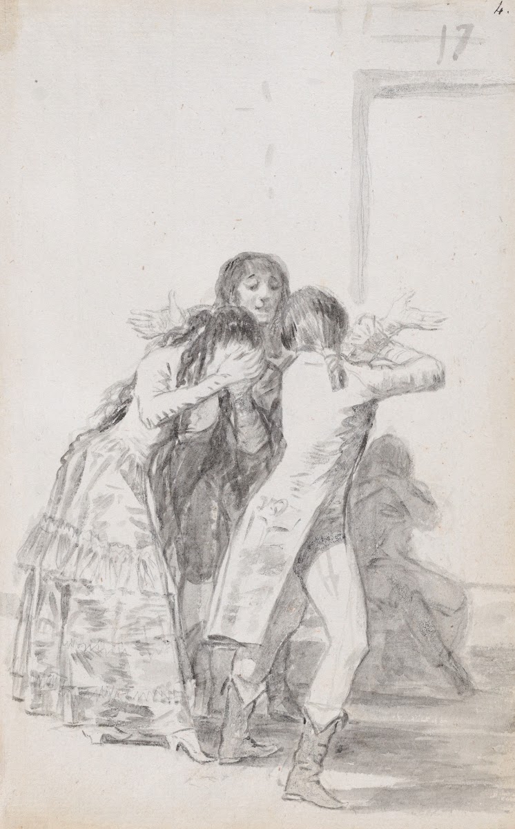 Young woman weeping and covering her face with her hands accompanied by men 1795