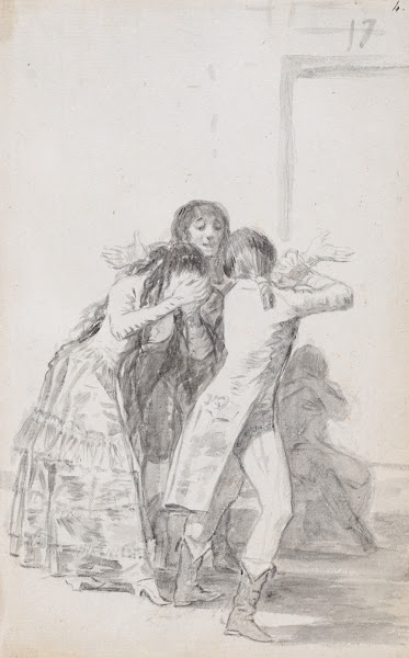 Young woman weeping and covering her face with her hands accompanied by men 1795