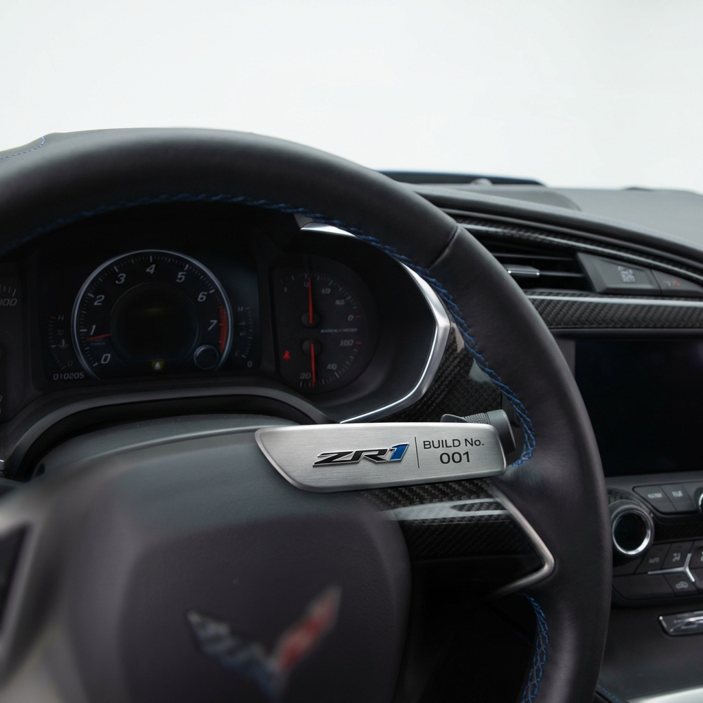 Close up of ZR1 instrument cluster and carbon fiber trim highlighting unique interior badging and brushed aluminum build tag zr1 corvette for sale