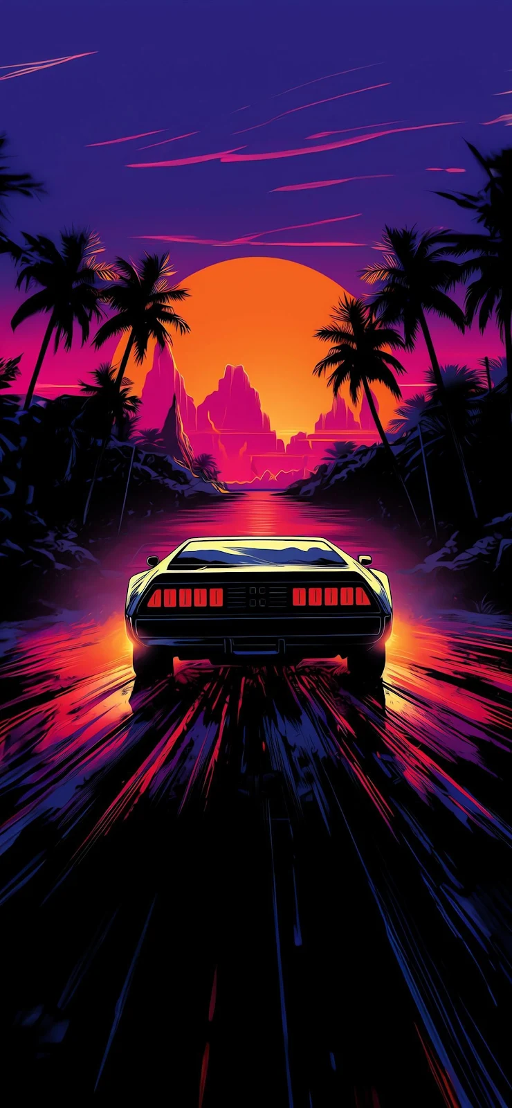 Retro Sports Car Toward Sunset - Synthwave Digital Art Full HD iPhone Wallpaper (1284x2778)
