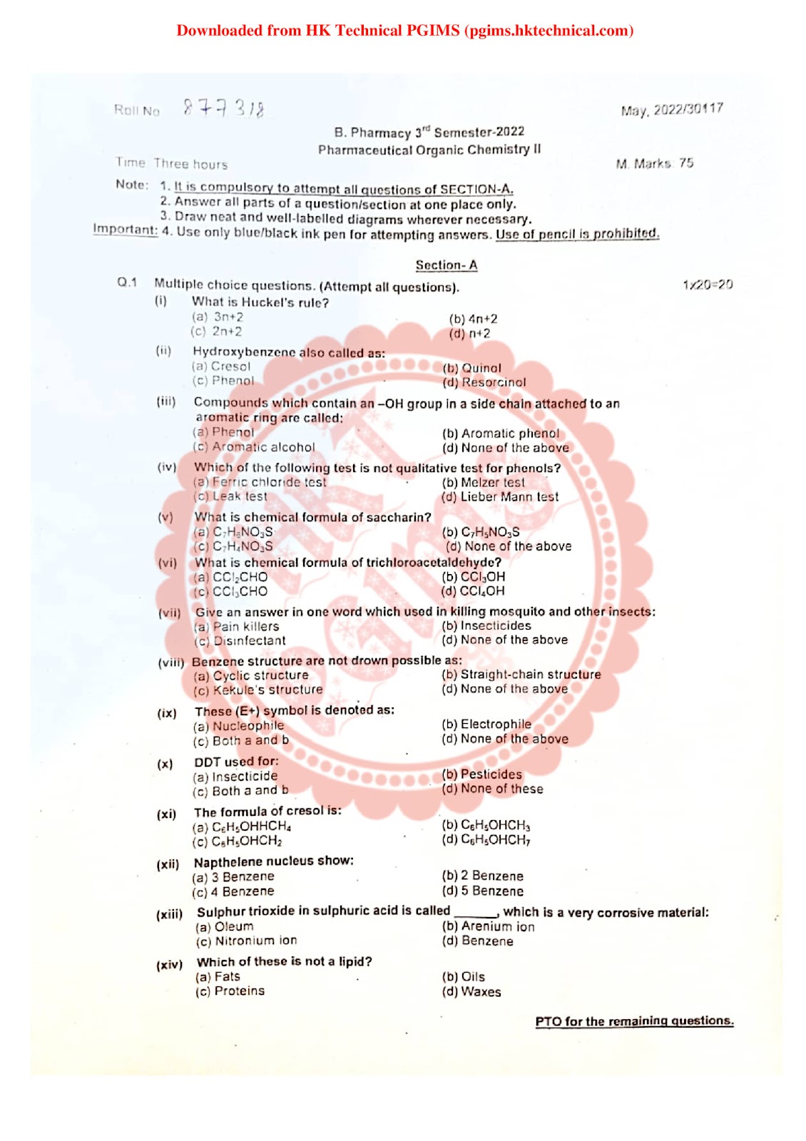 BP301T Pharmaceutical Organic Chemistry II UHSR 3rd Semester B.Pharmacy Previous Year's Question Paper,BP301T Pharmaceutical Organic Chemistry II,BPharmacy,Previous Year's Question Papers,BPharm 3rd Semester,PGIMS Question Paper,Pharmaceutical Organic Chemistry,