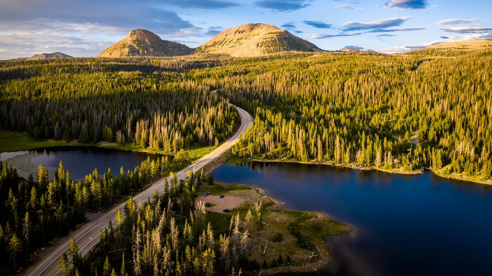 Highway Between Lake And Mountains - Aerial Landscape Photography 5K Wallpaper (5120x2880)