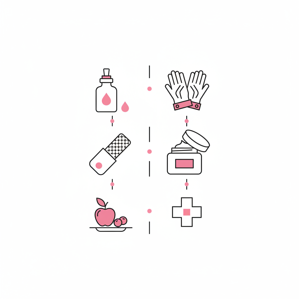 Vertikale minimalistische Infografik mit 6 Vektor-Icons (Ölflasche, Handschuhe, Feile, Creme, Ernährung, Arztbesuch) in NailX-Farben, geeignet für Pflege-Tipps für brüchige Nägel