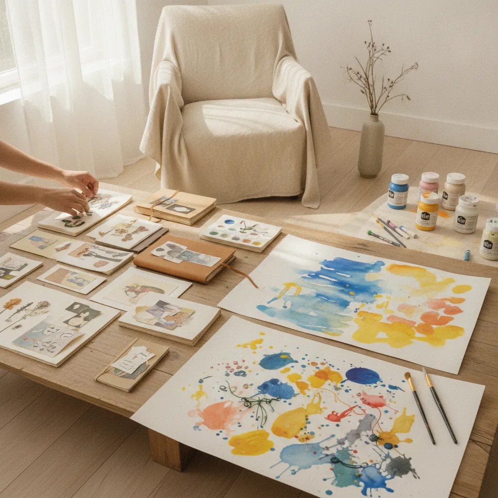 Narrative and playful art therapy approaches in a calm studio setting with layered papers and experimental marks