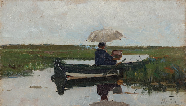 A painter at work in a boat possibly the artist Paul Joseph Constantin Gabriël