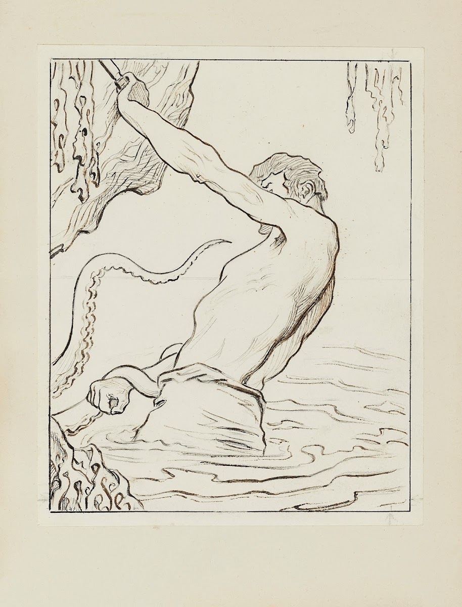 Gilliatt et la pieuvre  dessin pour la vignette de couverture 1920 1921