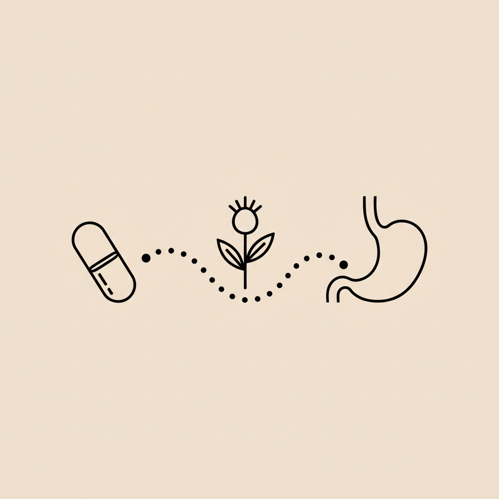 Minimal Tonum-style line illustration of a capsule, milk thistle sprig and stylized stomach connected by a dotted line on beige background — best probiotic for weight loss in women