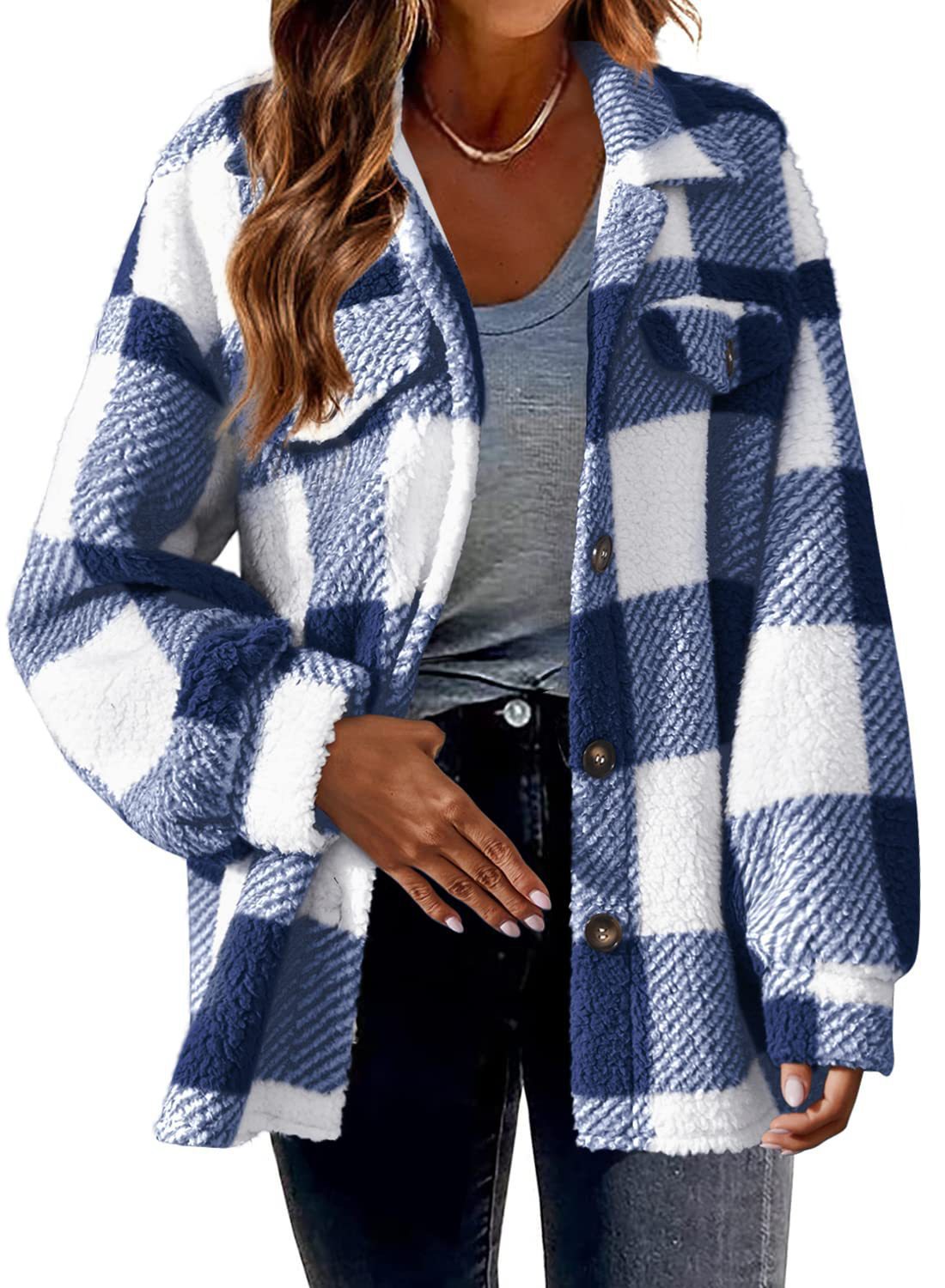 Karo-Jacke aus Lammfleece-Imitat mit Taschen