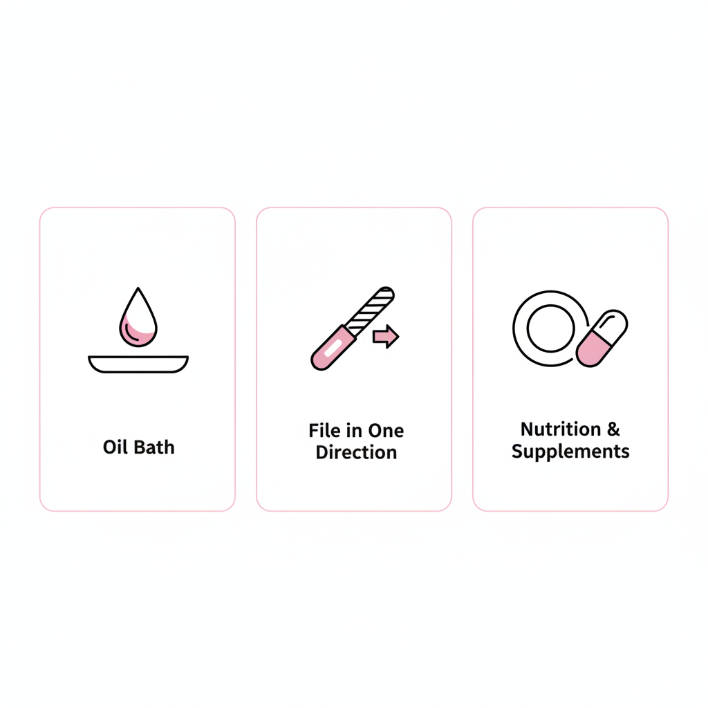 Minimalistische 2D-Vektor-Infografik mit drei vertikalen Panels (Ölbad, Feilen in eine Richtung, Ernährung &amp; Supplements) zur Pflege für harte Nägel.