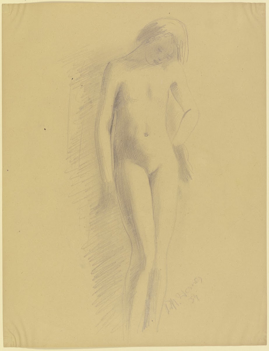 Weiblicher Akt an der Wand stehend 1934
