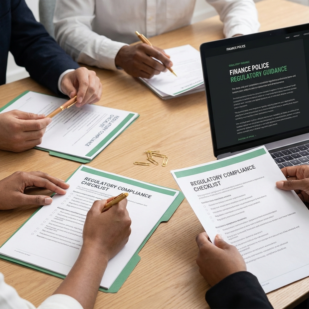 Close up of plan committee meeting with printed checklists and laptop showing regulatory guidance pages minimalist corporate setting dark background green accent crypto 401k