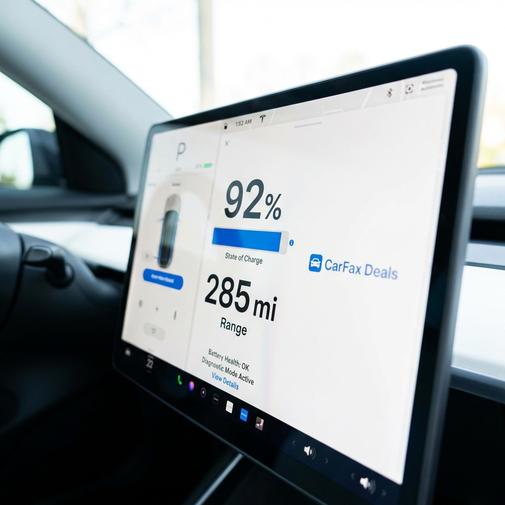 Close up view of a Tesla battery pack diagnostic screen showing a clear range readout and numeric values used tesla for sale