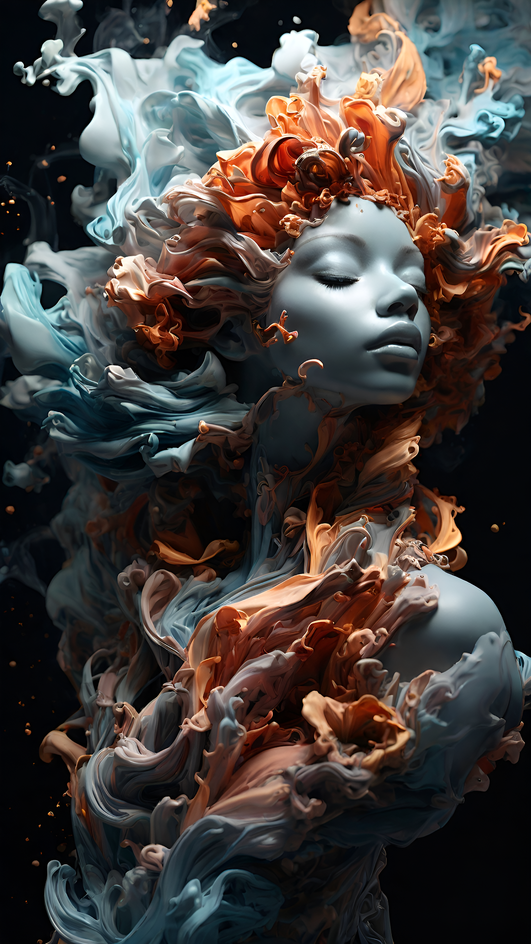 Surreal Ink Goddess Portrait Fluid Art Sculpture - Free 4K mobile Wallpaper