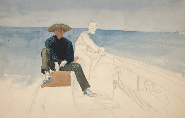 Unfinished drawing of two men sailing 1987