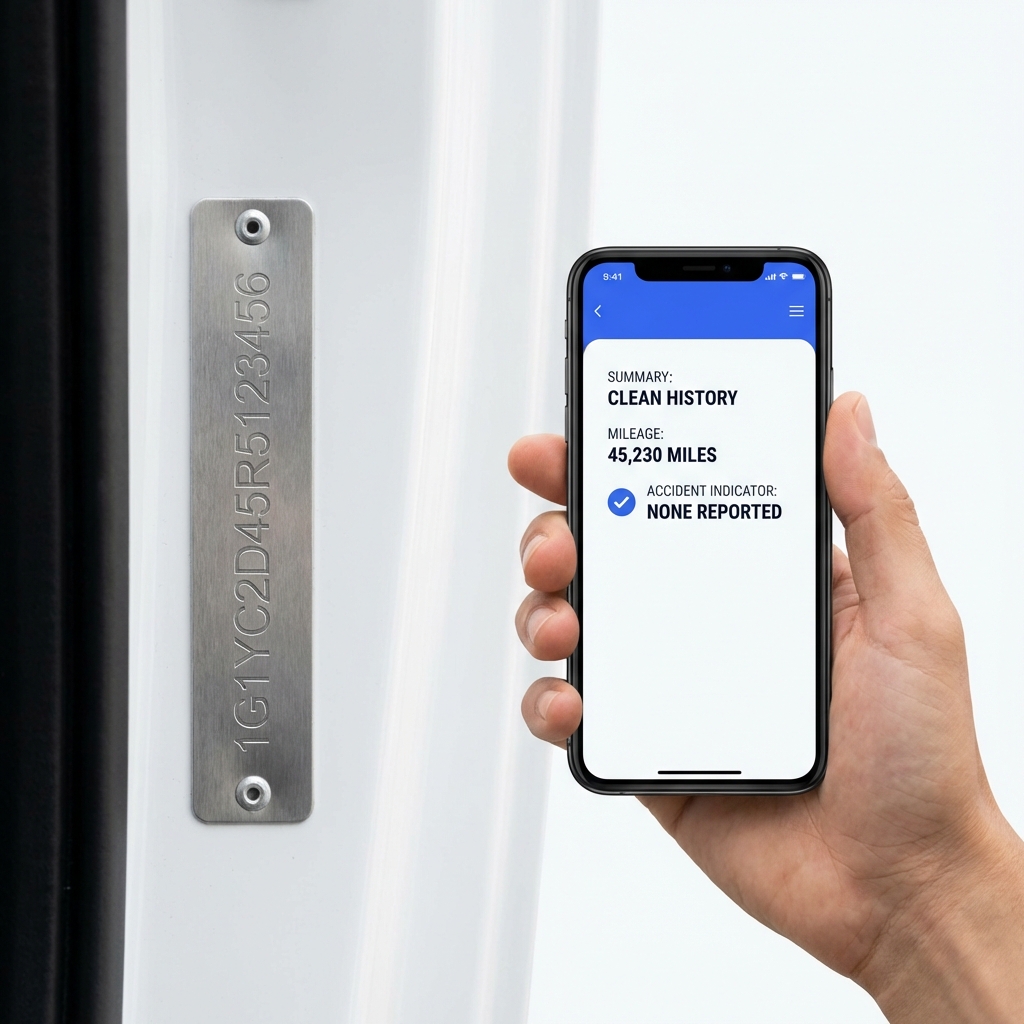 Close up of VIN plate and hand holding phone showing vehicle history report on white background with blue CarFax Deals accents porsche cayenne for sale