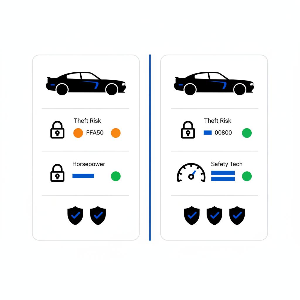 Minimal 2D vector comparison of two Charger trims side by side with icon based theft risk indicators horsepower gauges and safety shield icons used chargers near me