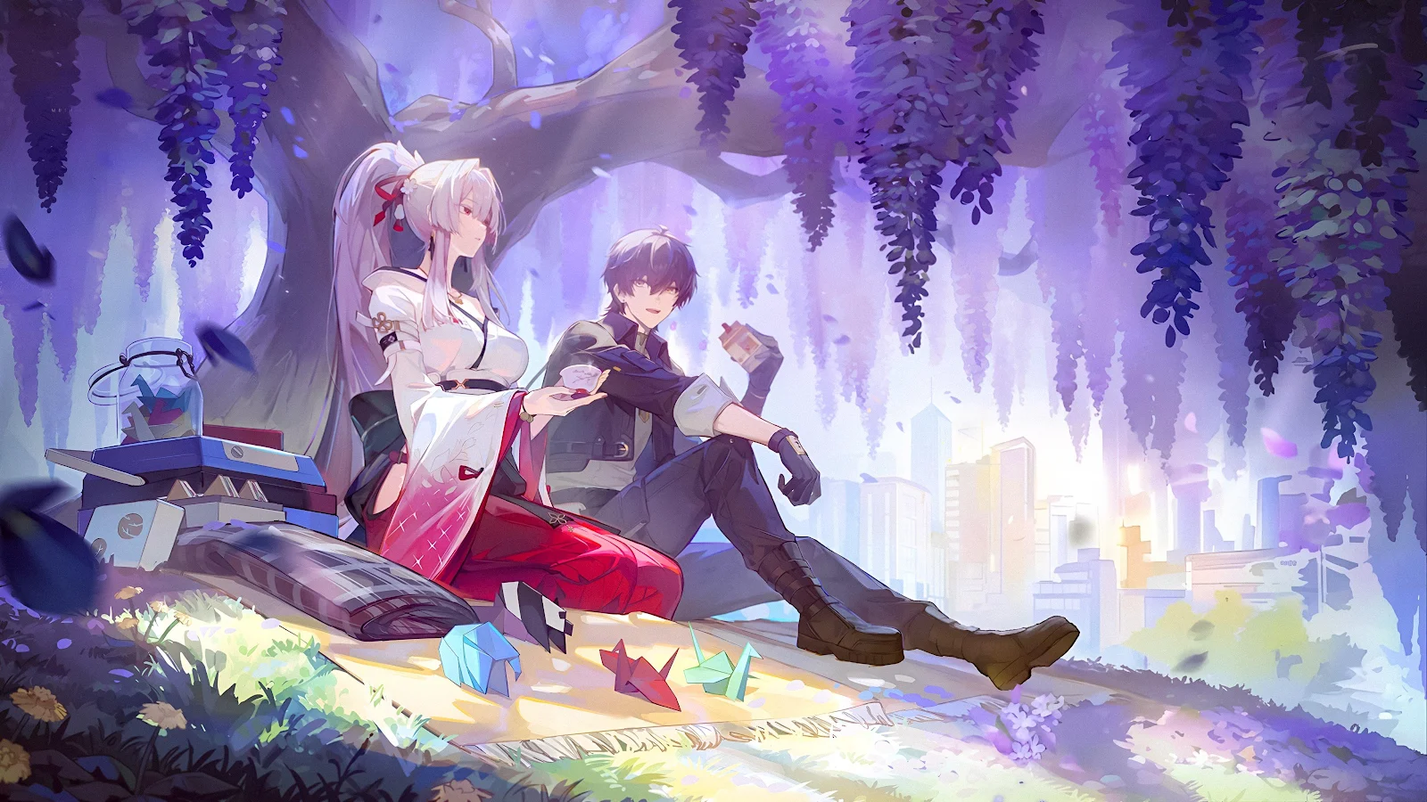Jinhsi And Rover Under Wisteria - Digital Anime Illustration 4K Wallpaper (4096x2304)
