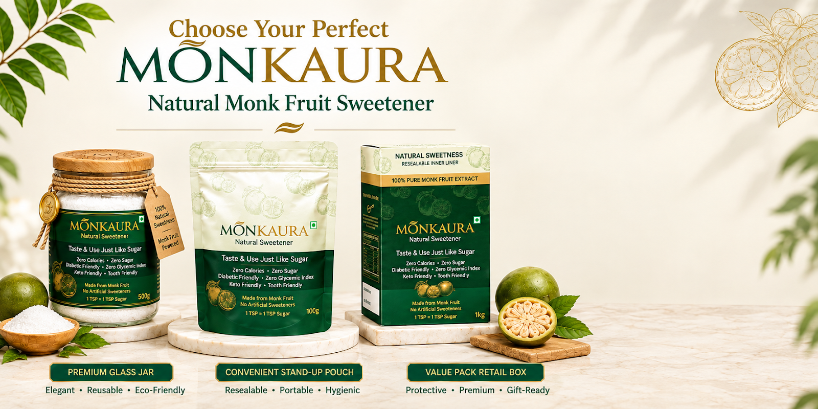 Choose Your Perfect MÕNKAURA Natural Monk Fruit Sweetener — 500g Glass Jar, 100g Stand-up Pouch, 1kg Value Pack Retail Box