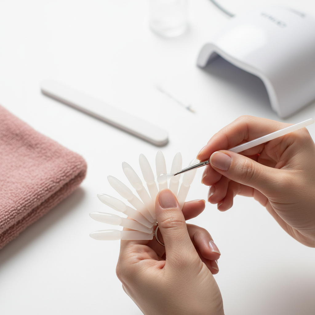 Nahaufnahme von Händen, die DIY Gel Nägel an einem Übungs-Tip-Set auftragen auf einem minimalistischen weißen Arbeitsplatz mit dezentem #f57fb6-Akzent.