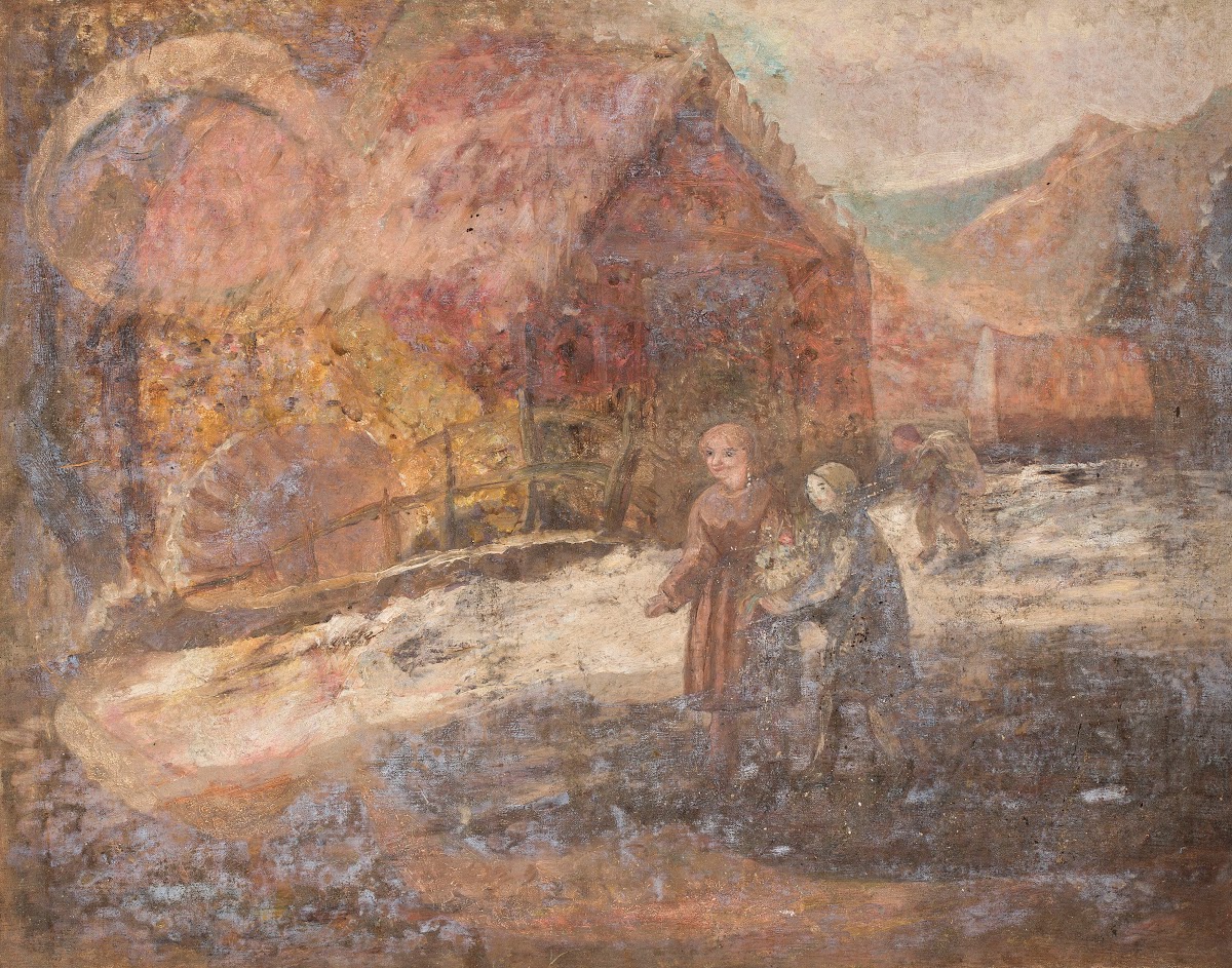 Two little girls against the background of a landscape 1918