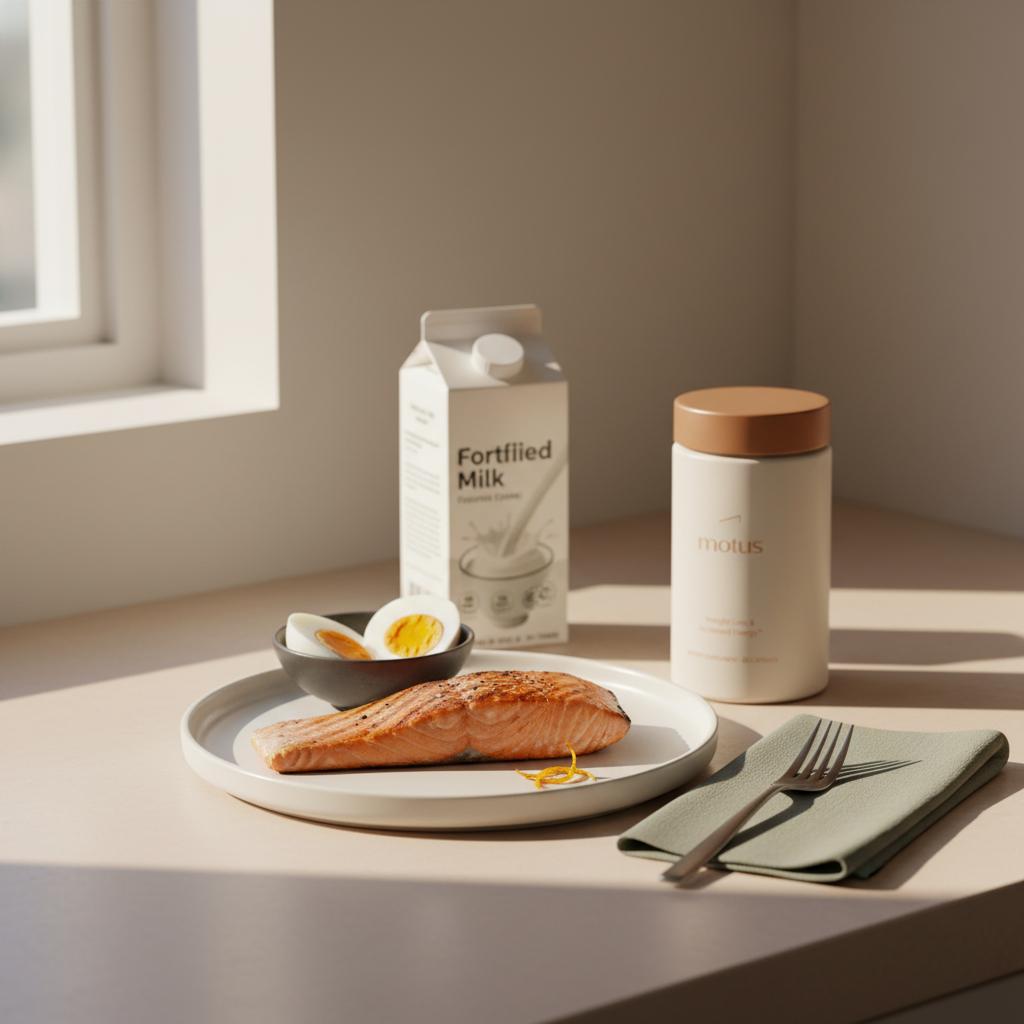 Minimalist kitchen counter with grilled salmon, two eggs, open fortified milk carton and Tonum supplement container at the side, illustrating vitamin D extremely low