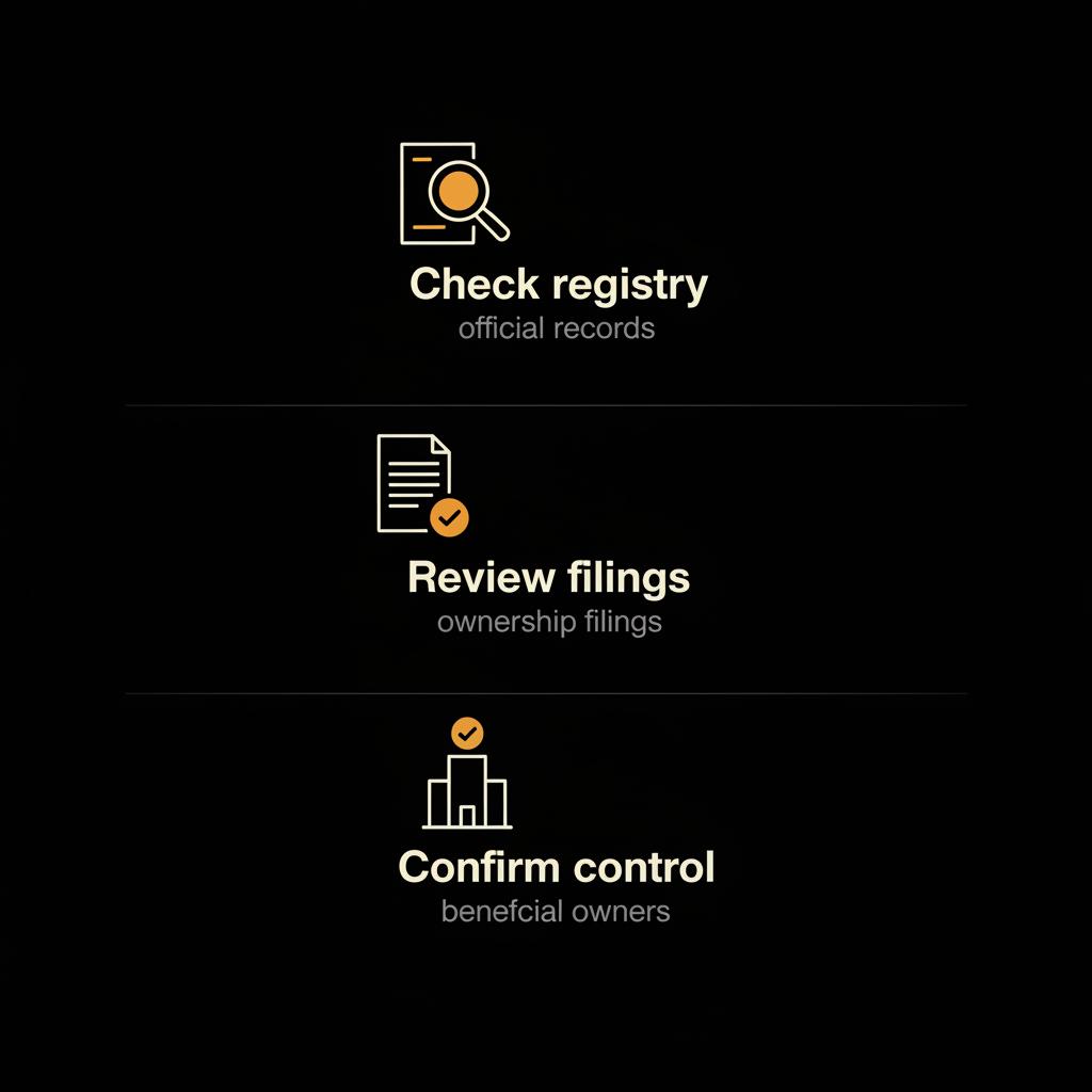 Is Forbes a Chinese company — minimalist infographic showing three steps to verify ownership: check registry, review filings, confirm control; black background, ivory text, orange accents.