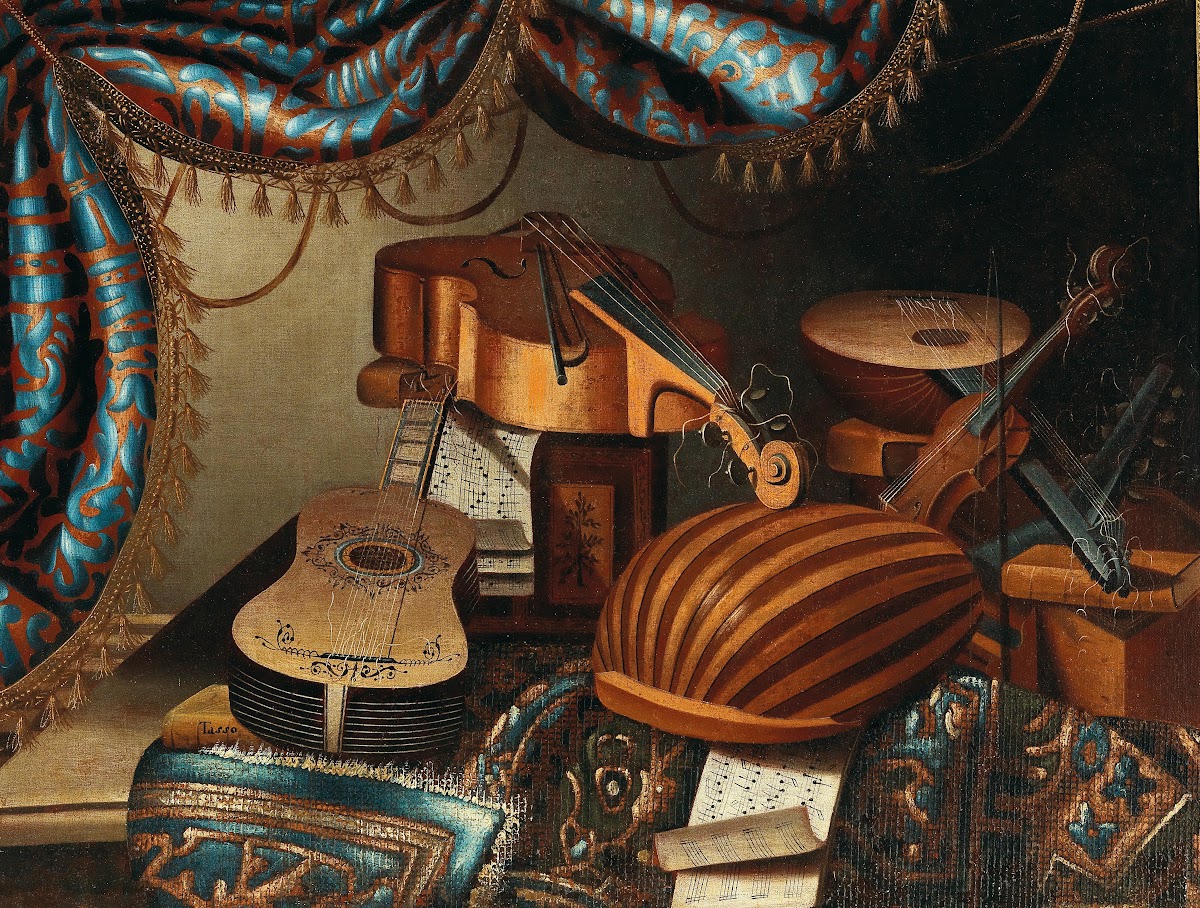 Musical instruments music scores and books on a table draped with a carpet 17th