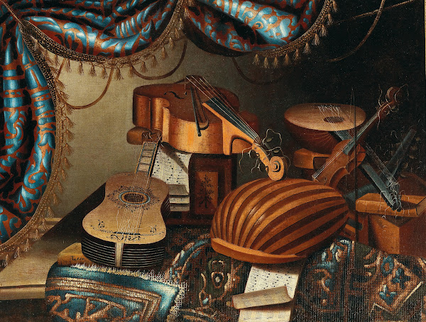 Musical instruments music scores and books on a table draped with a carpet 17th
