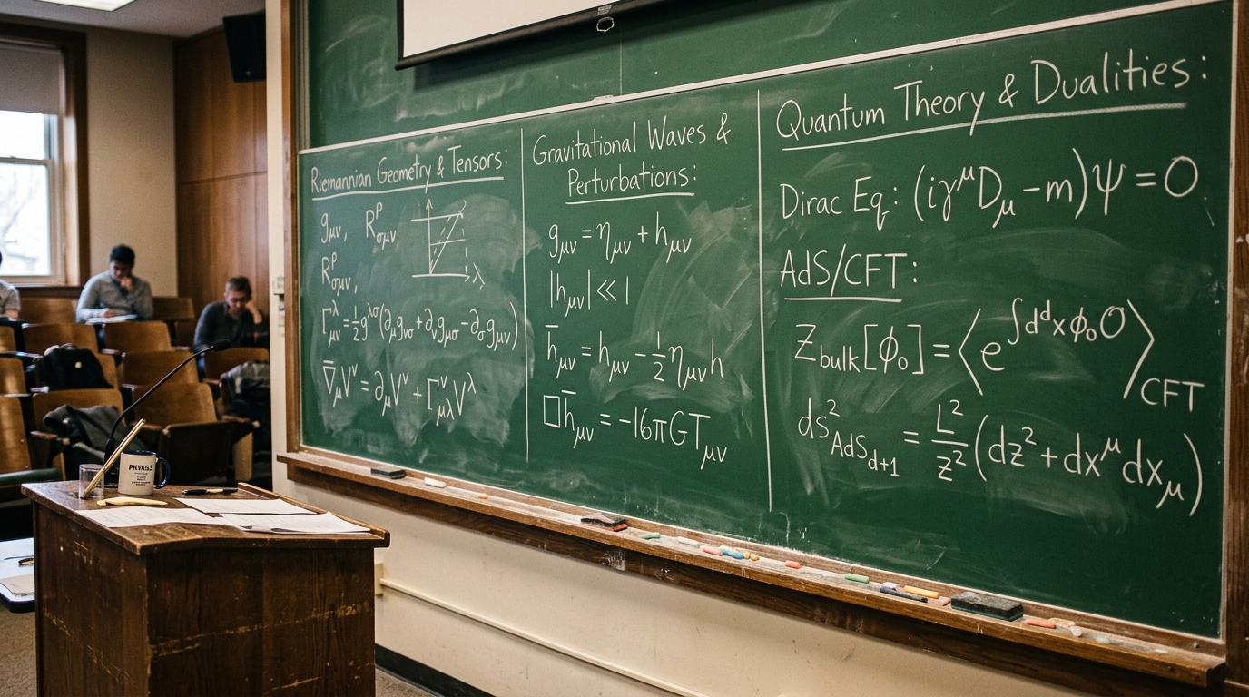 Lecture hall chalkboard with mathematical formulations of Riemannian geometry, quasinormal modes, Dirac equation, and AdS/CFT gauge/gravity duality.