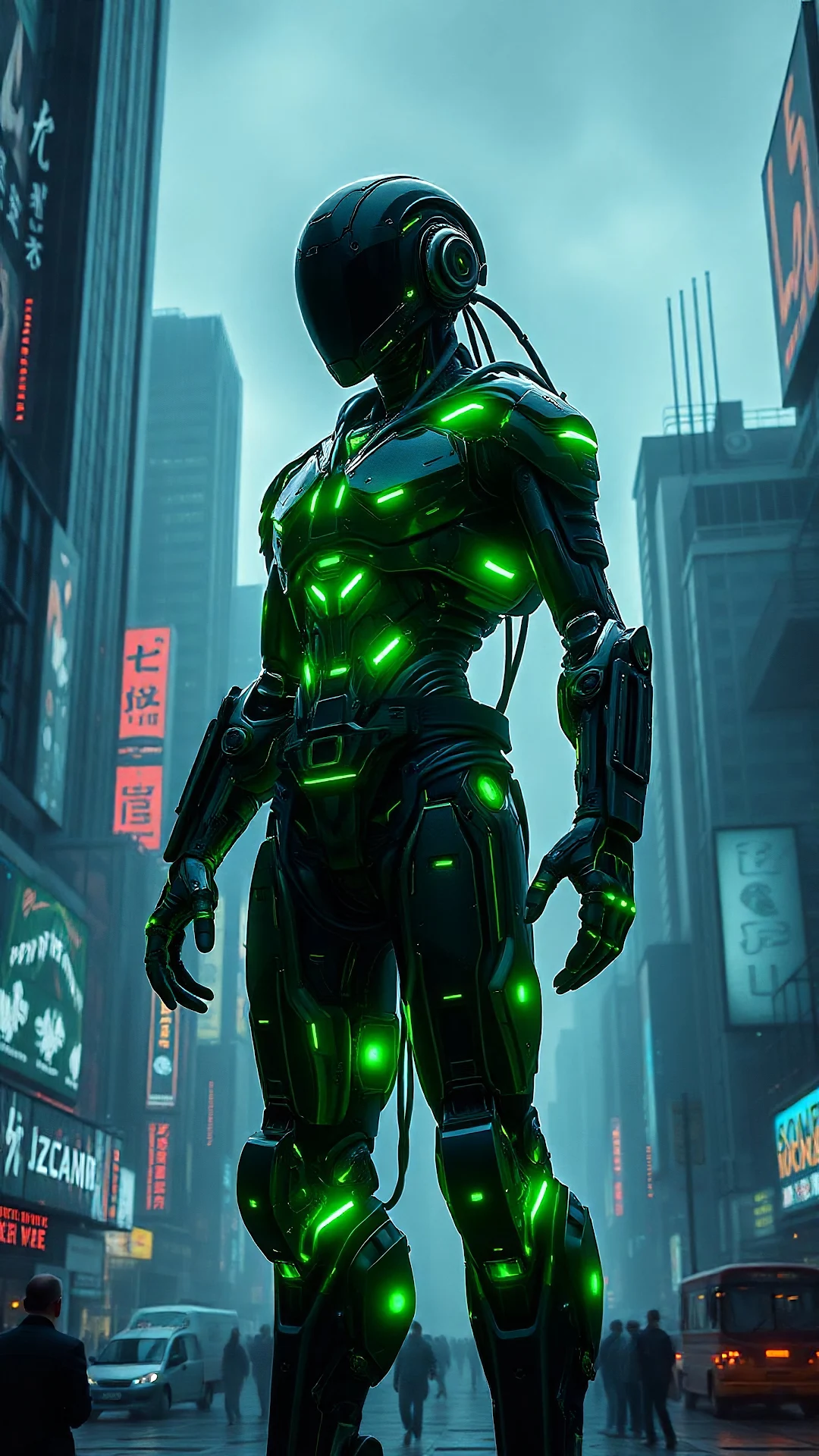 Cyborg with Glowing Green Lights in City - Free 4K mobile Wallpaper